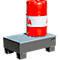 A red oil drum is on a grey spill pallet. The word "VIA" is written on the drum.