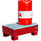 Red oil drum container with a red barrel. The barrel is on a red pallet with metal grid.
