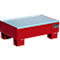 Red metal spill containment pallet with grate. Stands on four red legs. The background is white.