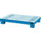 Blue pallet frame with grid grating and four feet. Inscription on the frame.