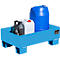 Blue spill pallet with various containers, such as canisters and barrels.