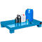Blue spill containment pallet with containers. There are black and white canisters, a blue canister and a silver cup on it.