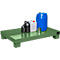 Green spill containment with canisters and drums.
