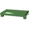 Green, rectangular spill containment tray with legs. Label with technical data. For industrial use.