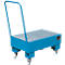Blue transport cart with grid floor and handle. Four wheels for mobility.