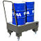 Two blue oil drums with the "FINA" logo on a gray transport cart with handle and castors.