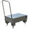 Grey workshop trolley with grid and handle, four wheels.