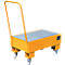 Yellow transport trolley with grid surface, handle and castors.