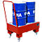Two blue barrels with white text on a red transport cart with handle. Inscription FINA.