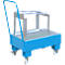 Blue transport cart with rollers and holder for objects.