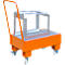 Orange trolley with metal platform, handle and wheels, for transporting objects.