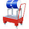 Red cart with metal grid and blue barrel.