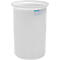 White cylindrical plastic container with rim, sticker with writing.