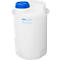 White plastic container with a blue lid. Sticker with product information. Cylindrical shape.