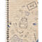 Spiraalnotitieboek van kraftpapier met speelse, blauwe lijntekeningen van schoolspullen zoals een rugzak en schoolbord.