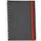 Dunkelgraues Notizbuch mit rotem Gummiband, Drahtbindung und LEITZ-Logo.