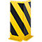 Yellow metal corner protector with diagonal black stripes. Feet at the bottom for fixing.