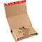 Opened cardboard shipping packaging. Top red and white printed stripe with company logo. Internal cardboard form.