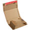 Opened, brown cardboard packaging with red tape and barcode.