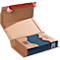 Book in an open cardboard box. The cover of the book is blue, the box is brown. The box is sealed with red tape.