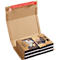 Open cardboard box with books, printed. Red adhesive strip on top, inside stacks of books with pictures.