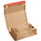Opened brown shipping box with red tape and printing. Corners for fixing are visible inside.