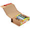 Opened brown shipping box with stacked books. A red adhesive strip is attached at the top.