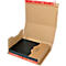 Open cardboard packaging with black content and red band. Part of the packaging is open.