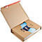 Opened brown shipping box with contents. A book is partially visible, showing an image of a bag.
