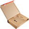 Opened shipping box made of brown cardboard. Inside is a smaller box. Stickers and barcodes are visible.