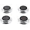 Four round, transparent magnets with dark center, on white background.