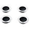 Four round, metallic-shiny objects with a black, round center on a white background.