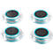 Four small, transparent devices with dark gray circles and turquoise blue edges on a white background.