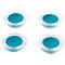 Four transparent suction cups with blue centers, against a white background.