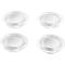 Four transparent, round furniture glides with white insert on a white background.