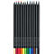 A dozen colored pencils with black barrels, lined up side by side.