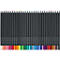 Row of colored pencils with black barrels and colored tips, forming a rainbow.