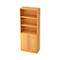 Light brown bookcase with three shelves and cabinet doors with two handles.