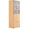 Tall cabinet, two-door. Glass inserts on top, doors with handles at the bottom.