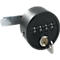 A black cylindrical lock with combination and key. The code is set to 1110.