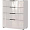 Armoire blanche et brillante avec quatre tiroirs, poignées noires et petits pieds.