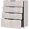 Une armoire blanche avec quatre tiroirs, dont un est ouvert.