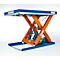 Lift table, orange scissor structure, blue work surface and base, against a white background.