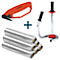 Oranje Stanley cutter, rollen stretchfolie, handdispenser. De apparatuur voor verpakking wordt getoond.