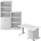 White office furniture set: cabinet with doors and shelves, height-adjustable desk with drawers.