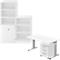 White office set, consisting of a wall unit with cupboard and shelves, and a desk with mobile pedestal.