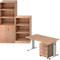 Office furniture: wooden cabinet with shelf and door, desk with drawers. Light wood colors.