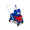 Blue and red mop bucket cart with handle and wheels. A white handle is attached at the top.