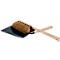 Dustpan with black scoop, brown brush and wooden handle.