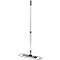 A white floor mop with a silver handle and black handle end.